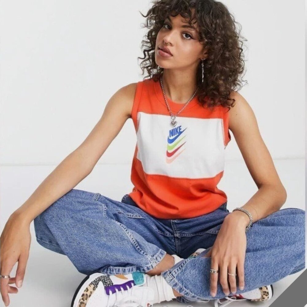 Nike Swoosh DNA Tank Top in Orange & White Color Block Retro Look Athleisure XL